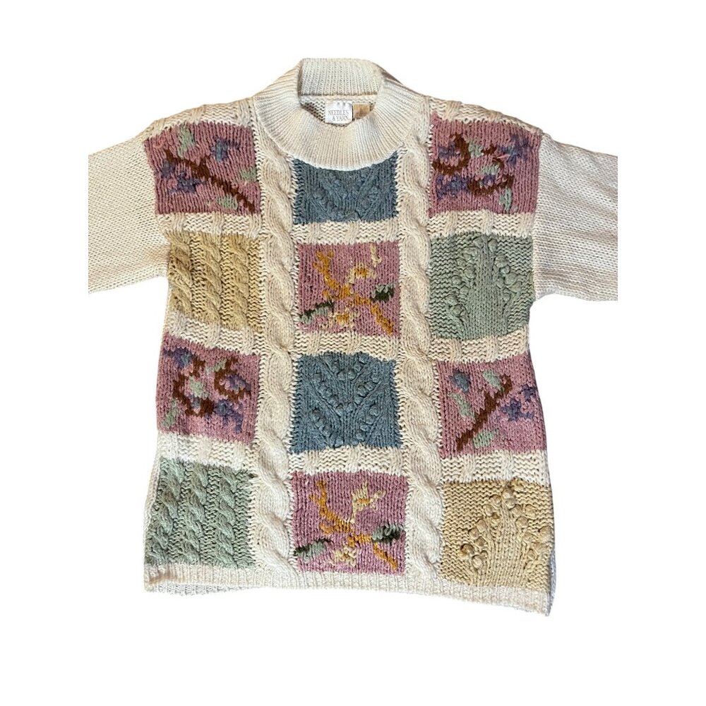 Vintage 90s Needles & Yarn Sweater Womens M Patchwork Floral Knit Korea - Picture 3 of 16